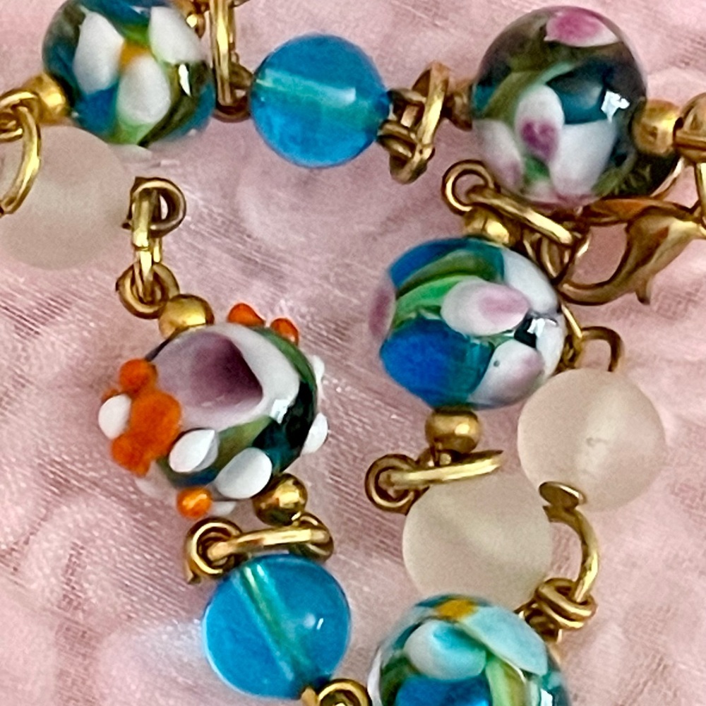 Italian Murano Birthday Cake Handmade Glass Bead Bracelet 🩵🌸✨